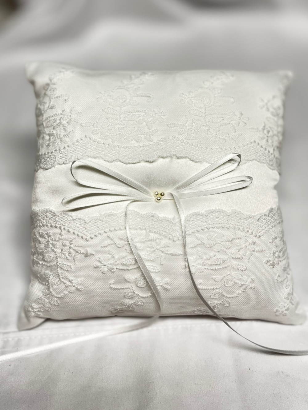 Wedding-Ring Bearer Pillow, NIP, white, lace, & ribbon  7.5” sides. Polyester